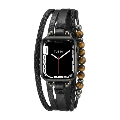 Pulsera para Apple Watch de múltiples hileras, cuentas ojo de tigre, cuero vegano sintético, cierre ajustable, modelo Renz