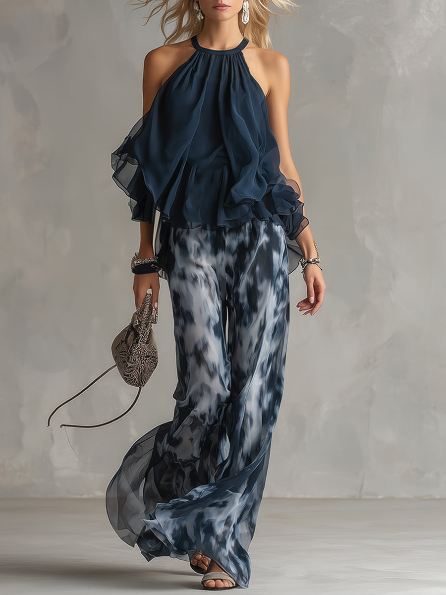 Elegante conjunto de mujer de dos piezas de invitada de boda con top halter de volantes y pantalón ancho