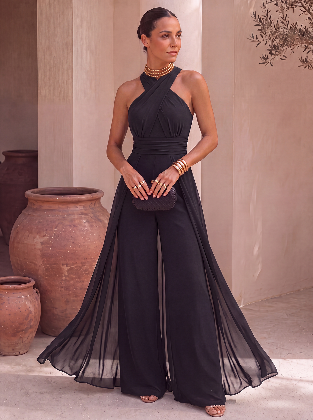 Mono Largo de Gasa con Cuello Halter y Pañuelo | Sofía
