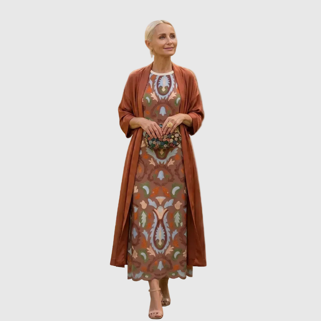 Vestido Invitada Invierno Midi Estampado Mujer con Duster a Juego | Cayetana