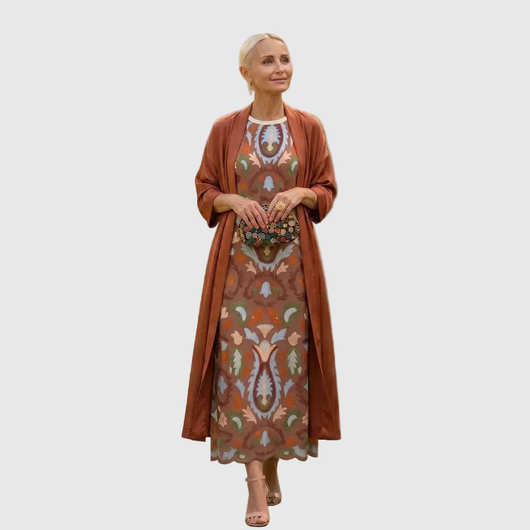 Vestido Invitada Invierno Midi Estampado Mujer con Duster a Juego | Cayetana