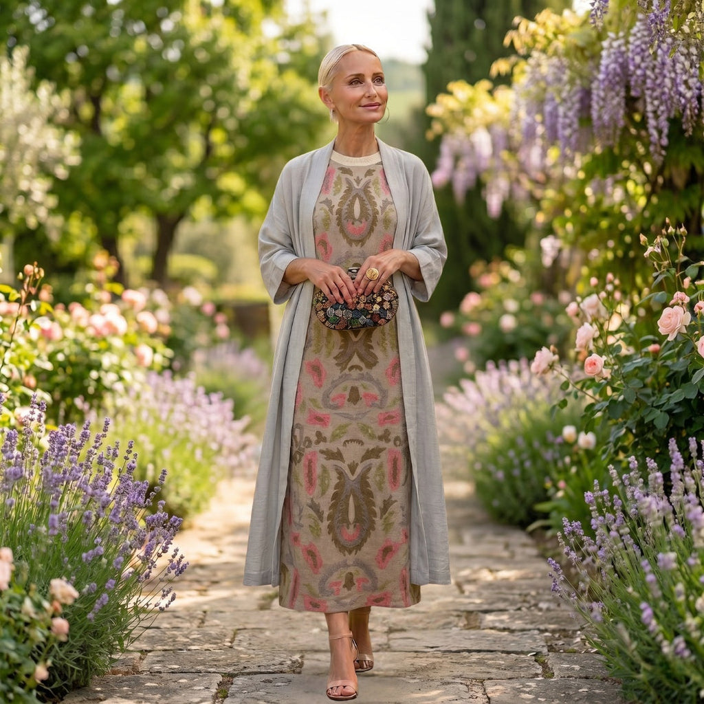 Vestido Invitada Invierno Midi Estampado Mujer con Duster a Juego | Cayetana