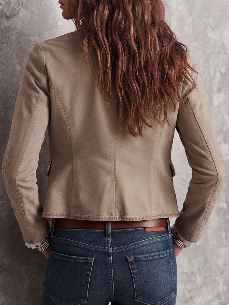 Chaqueta Bordada con Cuello Mao y Botones Mujer | Celeste