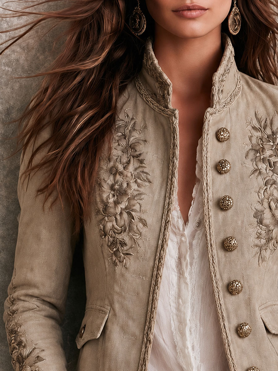 Chaqueta Bordada con Cuello Mao y Botones Mujer | Celeste