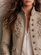 Chaqueta Bordada con Cuello Mao y Botones Mujer | Celeste