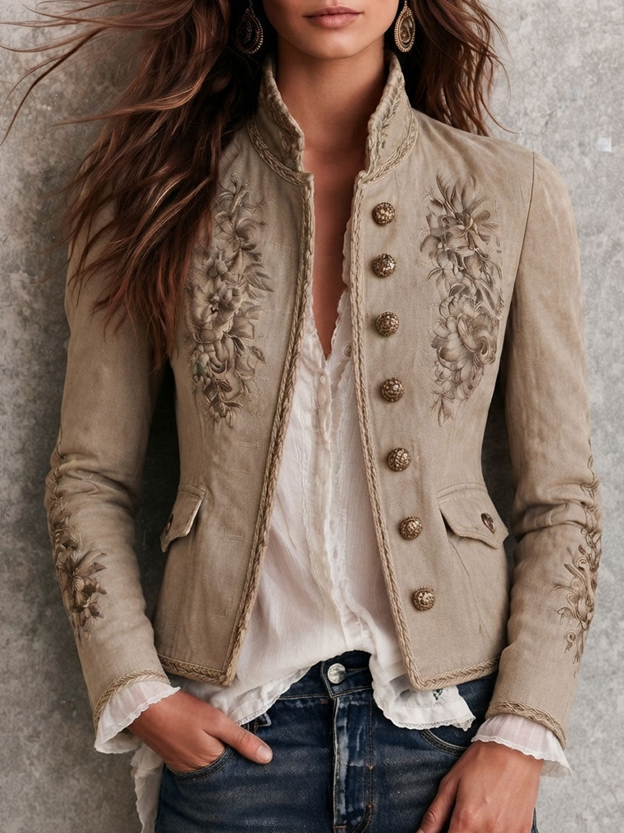 Chaqueta Bordada con Cuello Mao y Botones Mujer | Celeste