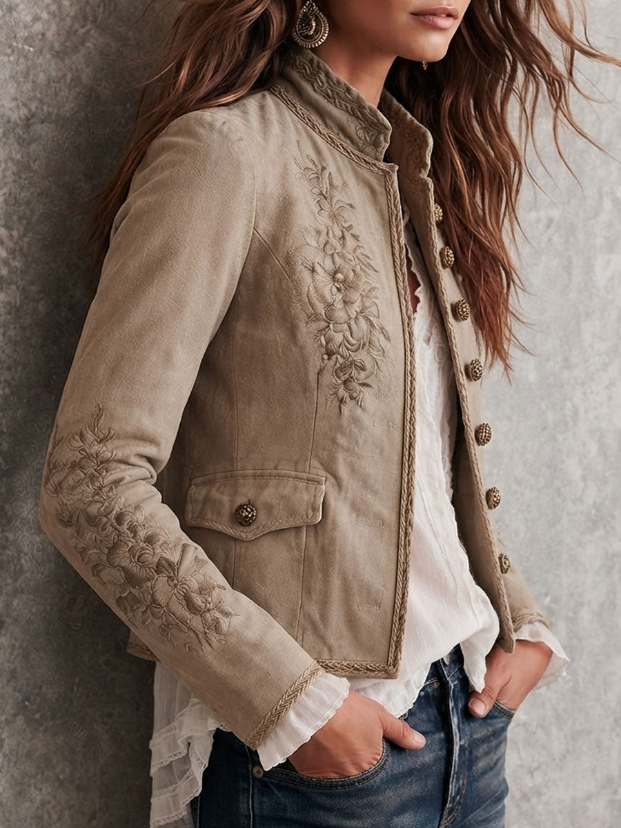 Chaqueta Bordada con Cuello Mao y Botones Mujer | Celeste