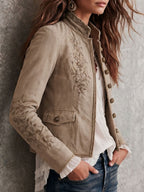 Chaqueta Bordada con Cuello Mao y Botones Mujer | Celeste