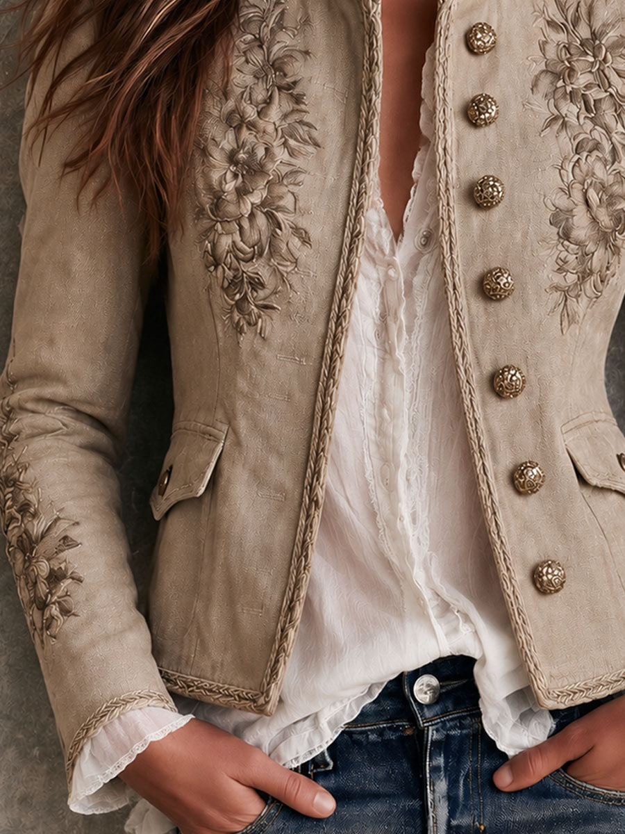 Chaqueta Bordada con Cuello Mao y Botones Mujer | Celeste