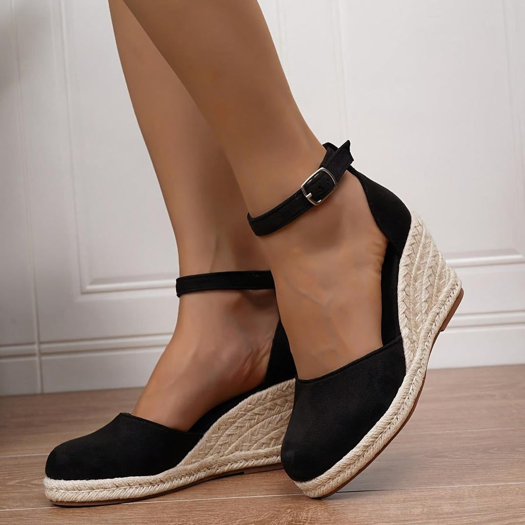 Sandalias de Cuña Plataforma Esparto Mujer Hebilla Tobillo | Concha