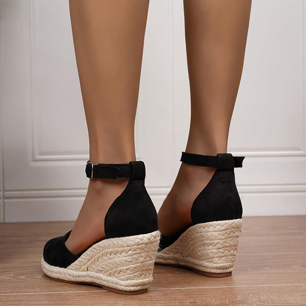 Sandalias de Cuña Plataforma Esparto Mujer Hebilla Tobillo | Concha