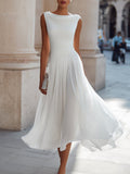 Vestido de Boda de Día Midi Drapeado Mujer Falda Fluida Sin Mangas | Aitana