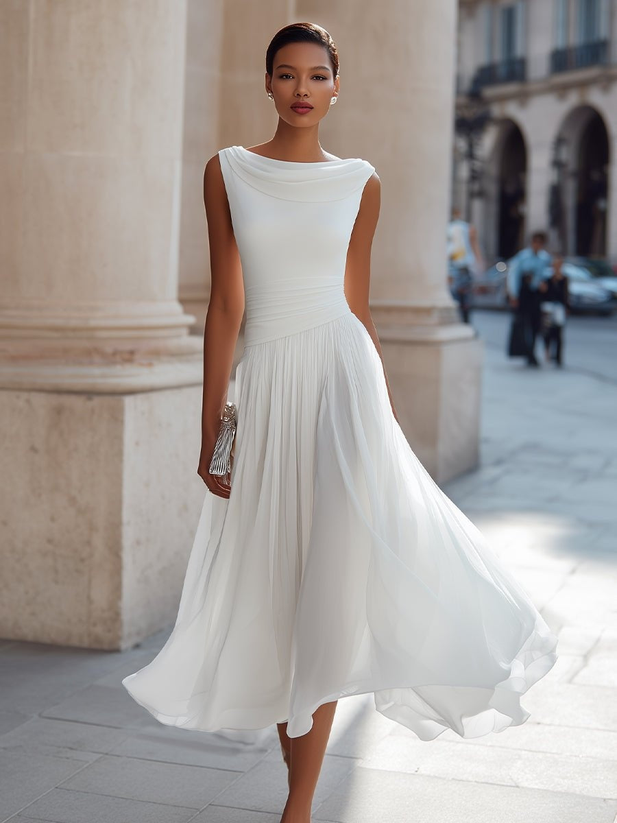 Vestido de Boda de Día Midi Drapeado Mujer Falda Fluida Sin Mangas | Aitana
