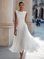 Vestido de Boda de Día Midi Drapeado Mujer Falda Fluida Sin Mangas | Aitana