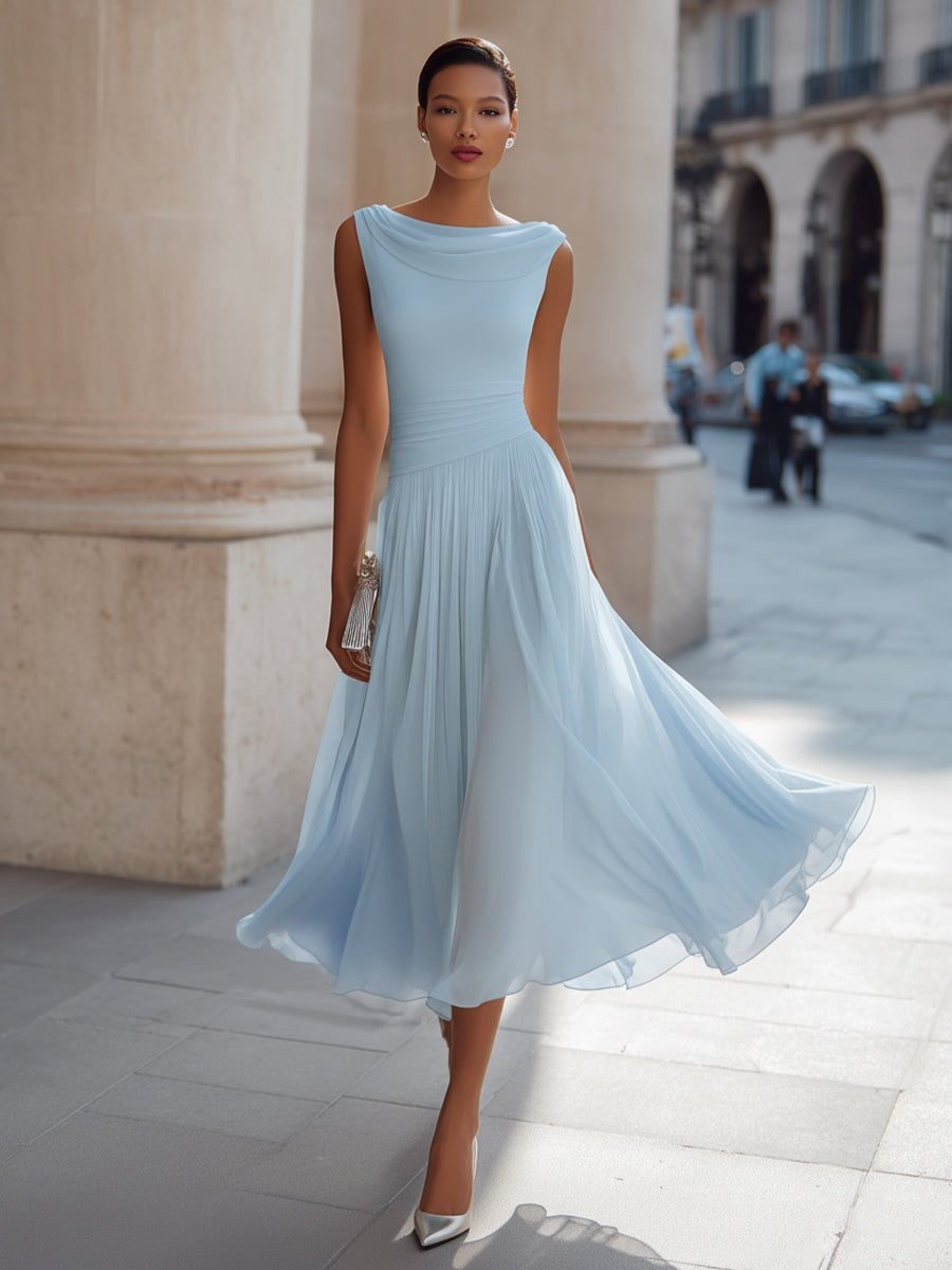 Vestido de Boda de Día Midi Drapeado Mujer Falda Fluida Sin Mangas | Aitana