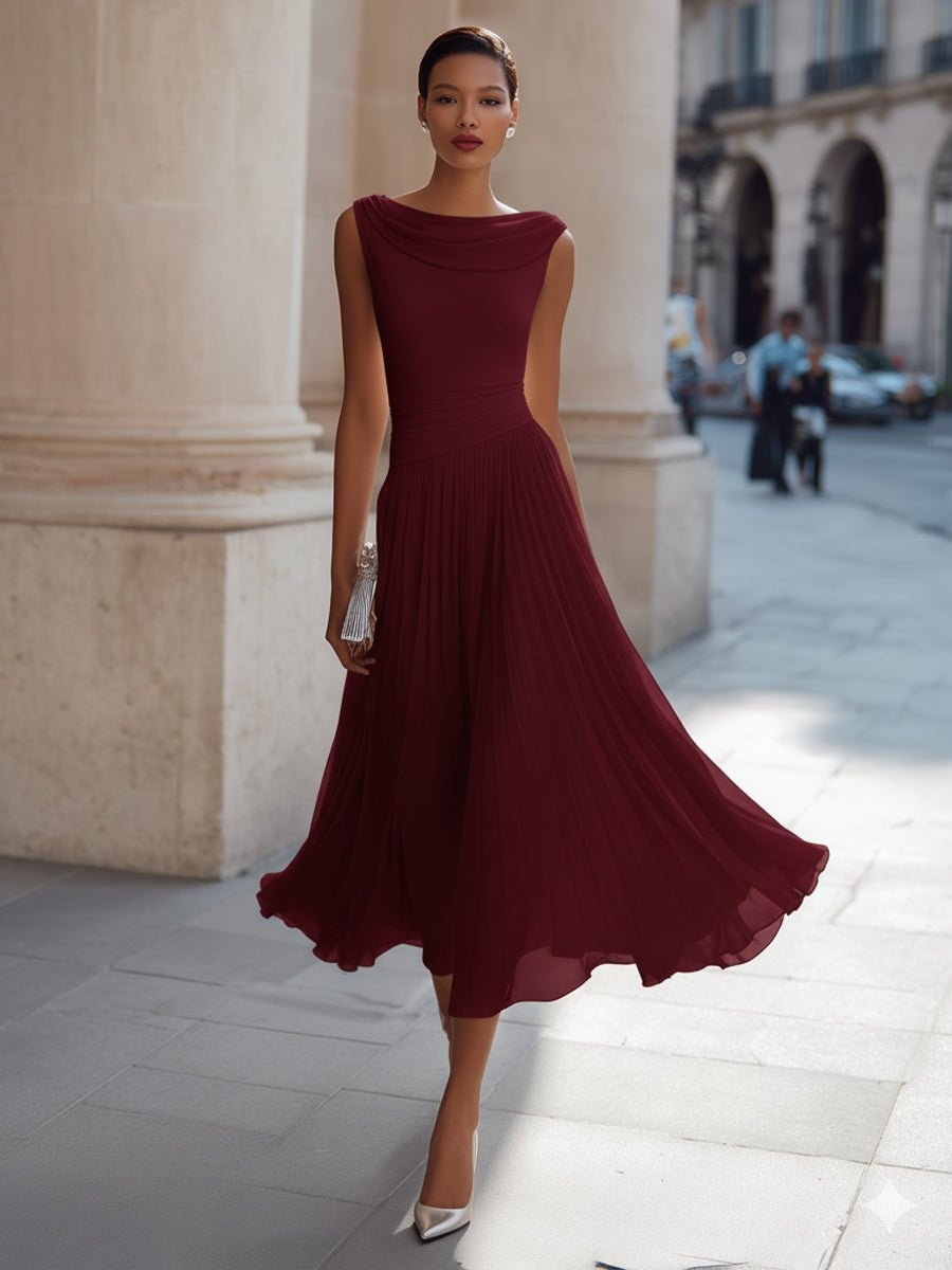 Vestido de Boda de Día Midi Drapeado Mujer Falda Fluida Sin Mangas | Aitana