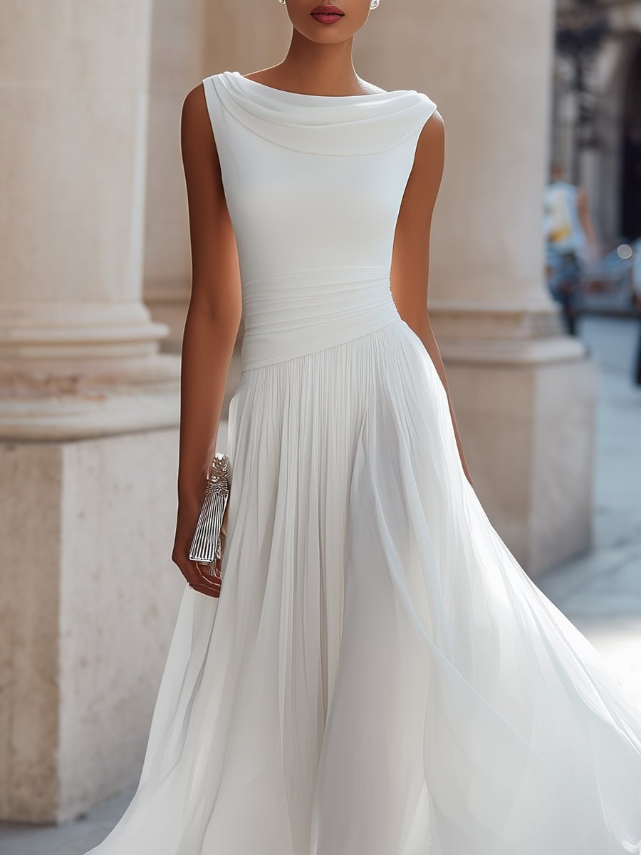 Vestido de Boda de Día Midi Drapeado Mujer Falda Fluida Sin Mangas | Aitana