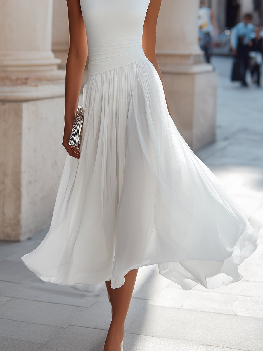 Vestido de Boda de Día Midi Drapeado Mujer Falda Fluida Sin Mangas | Aitana