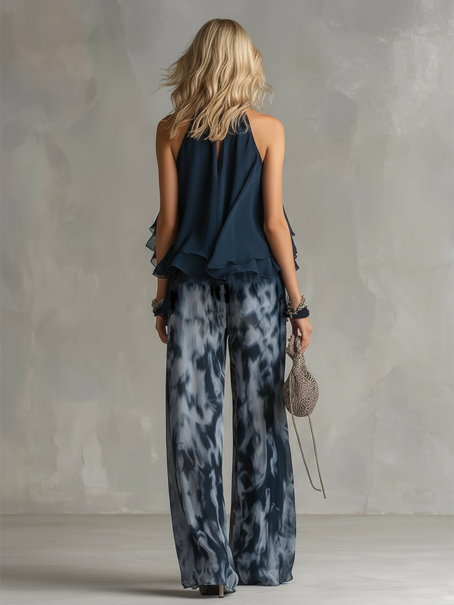 Elegante conjunto de mujer de dos piezas de invitada de boda con top halter de volantes y pantalón ancho