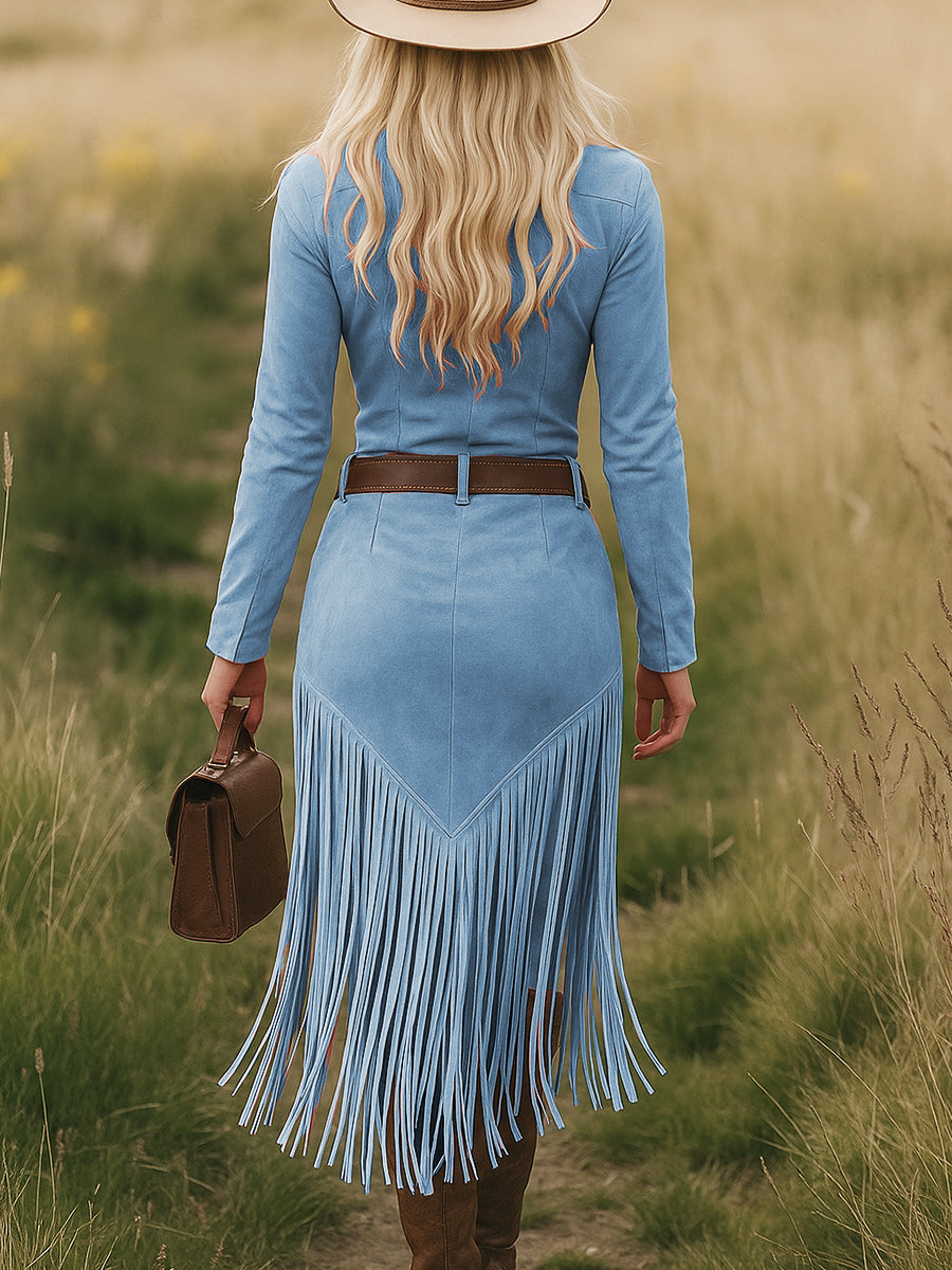 Vestido Midi Western Mujer Ante Sintético con Flecos y Cinturón - Soledad