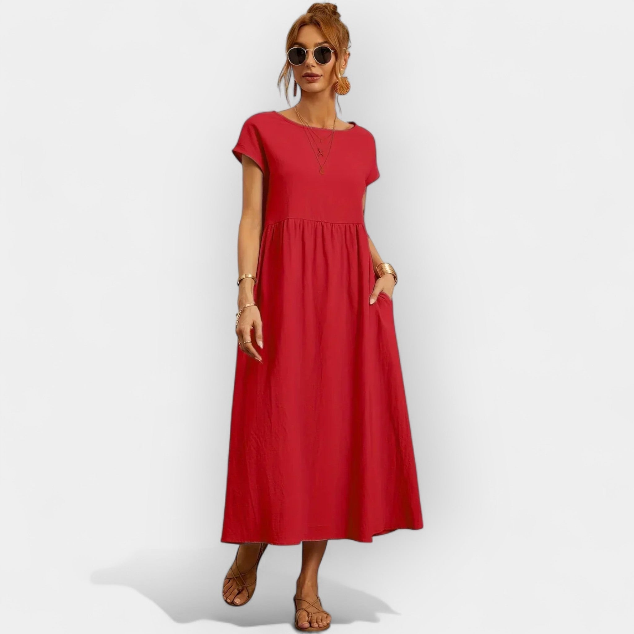 Vestido Midi Casual con Bolsillos Mujer Manga Corta | Dolores
