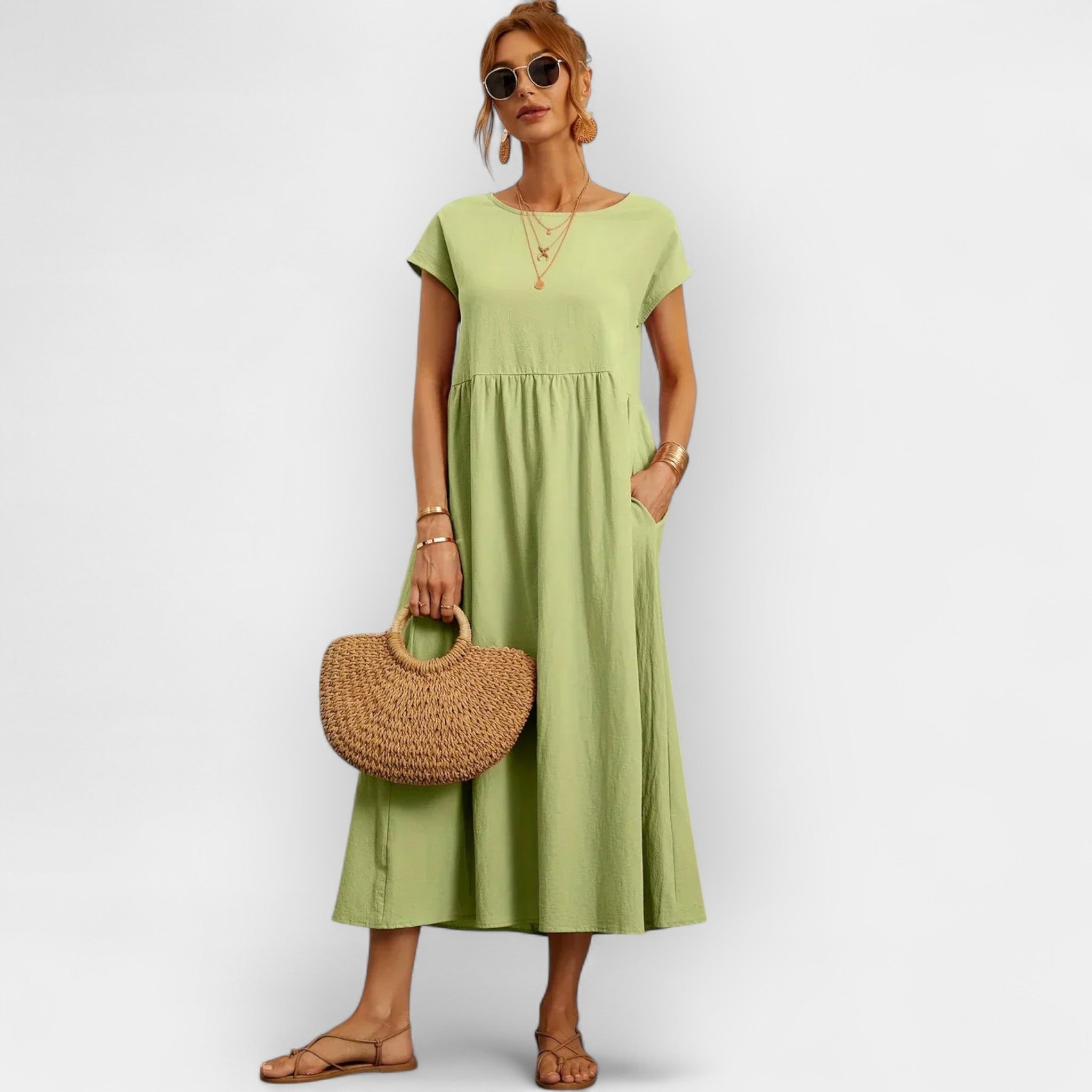 Vestido Midi Casual con Bolsillos Mujer Manga Corta | Dolores