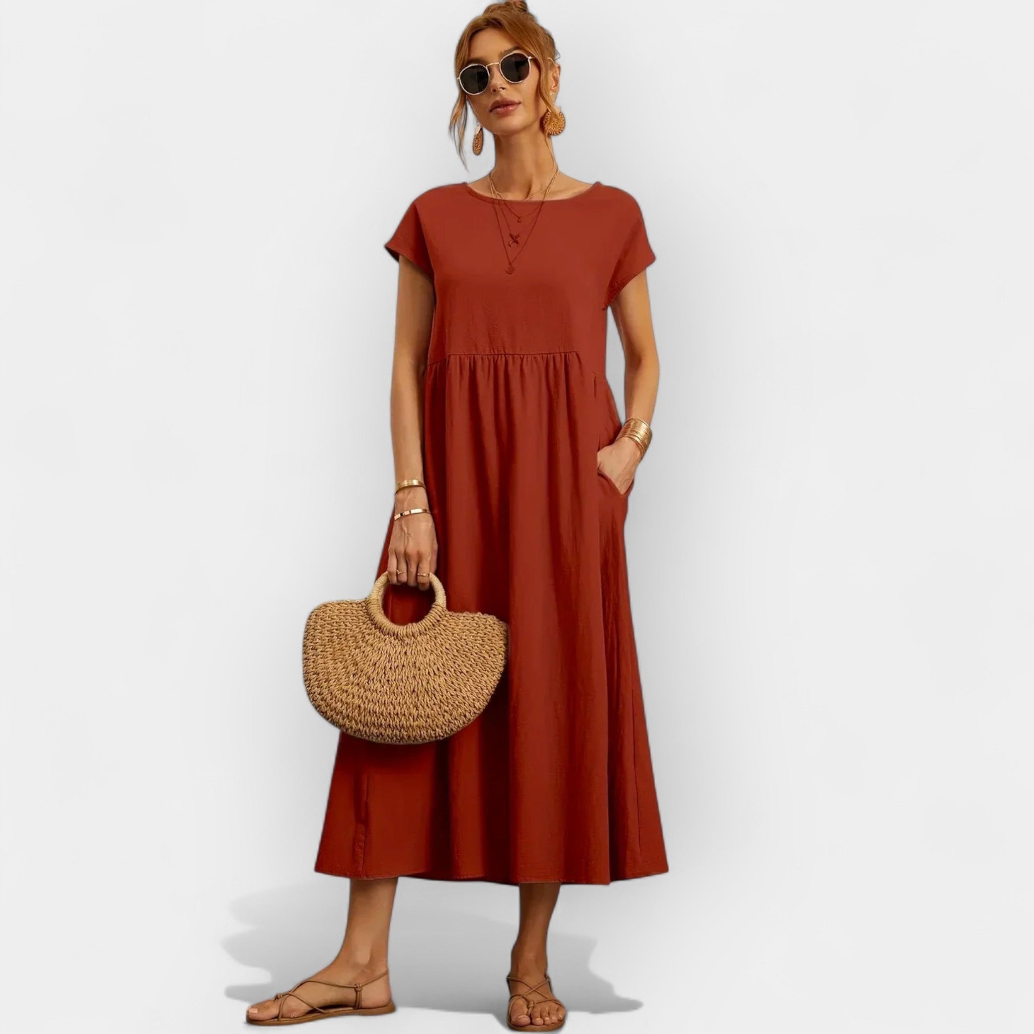 Vestido Midi Casual con Bolsillos Mujer Manga Corta | Dolores