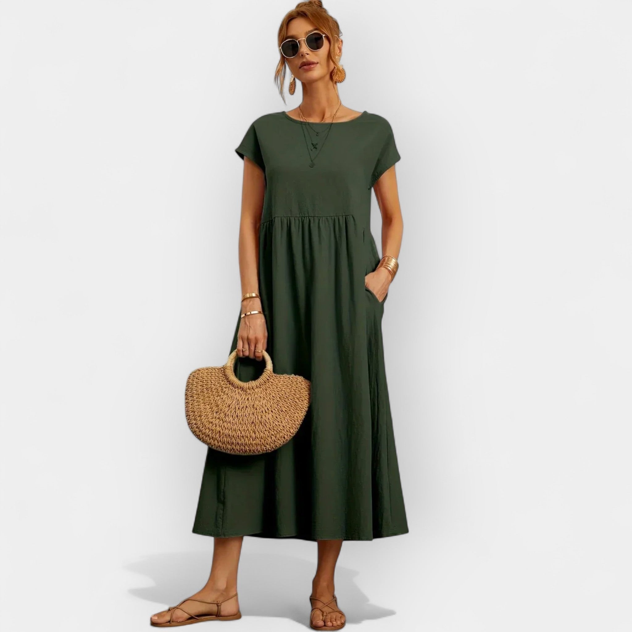 Vestido Midi Casual con Bolsillos Mujer Manga Corta | Dolores