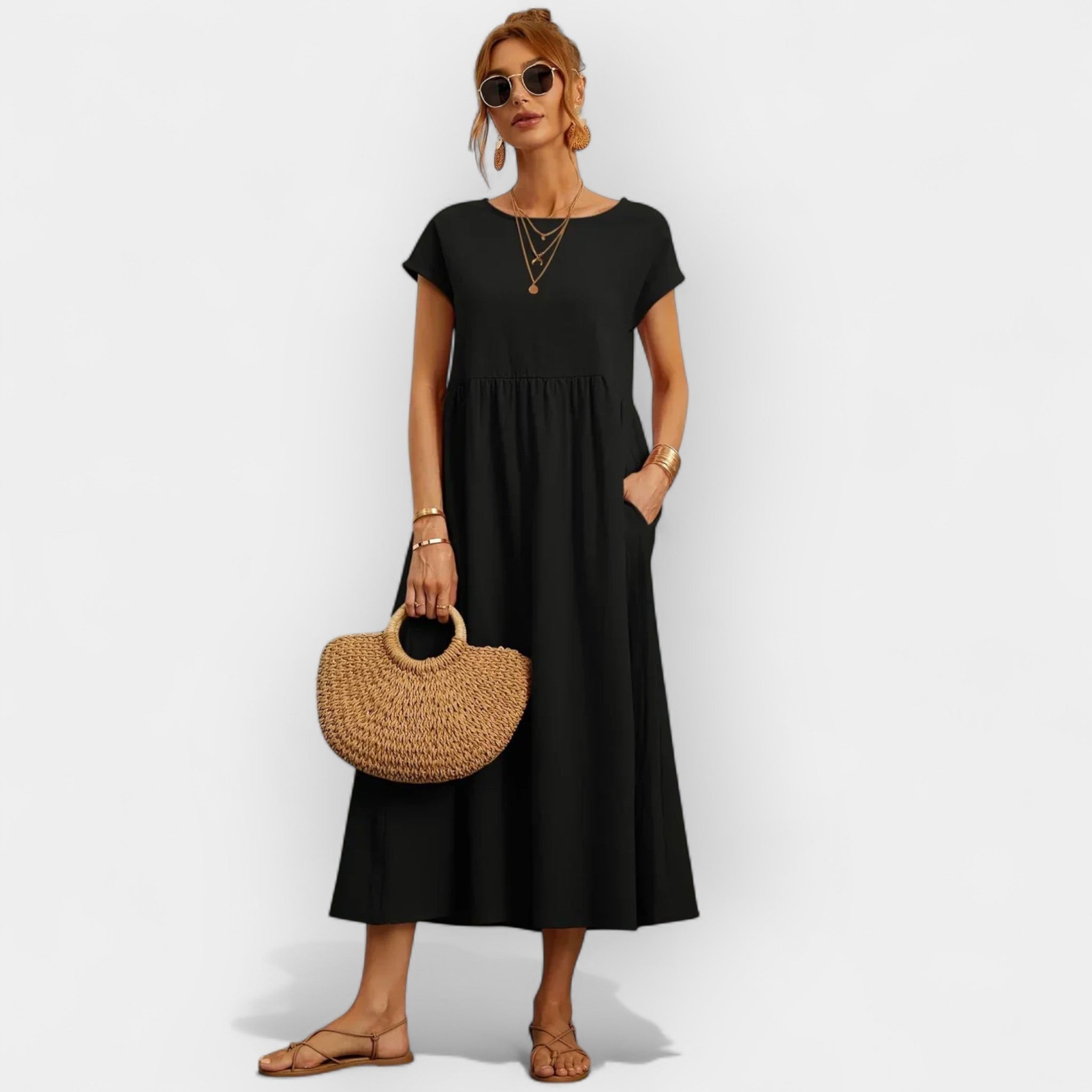 Vestido Midi Casual con Bolsillos Mujer Manga Corta | Dolores