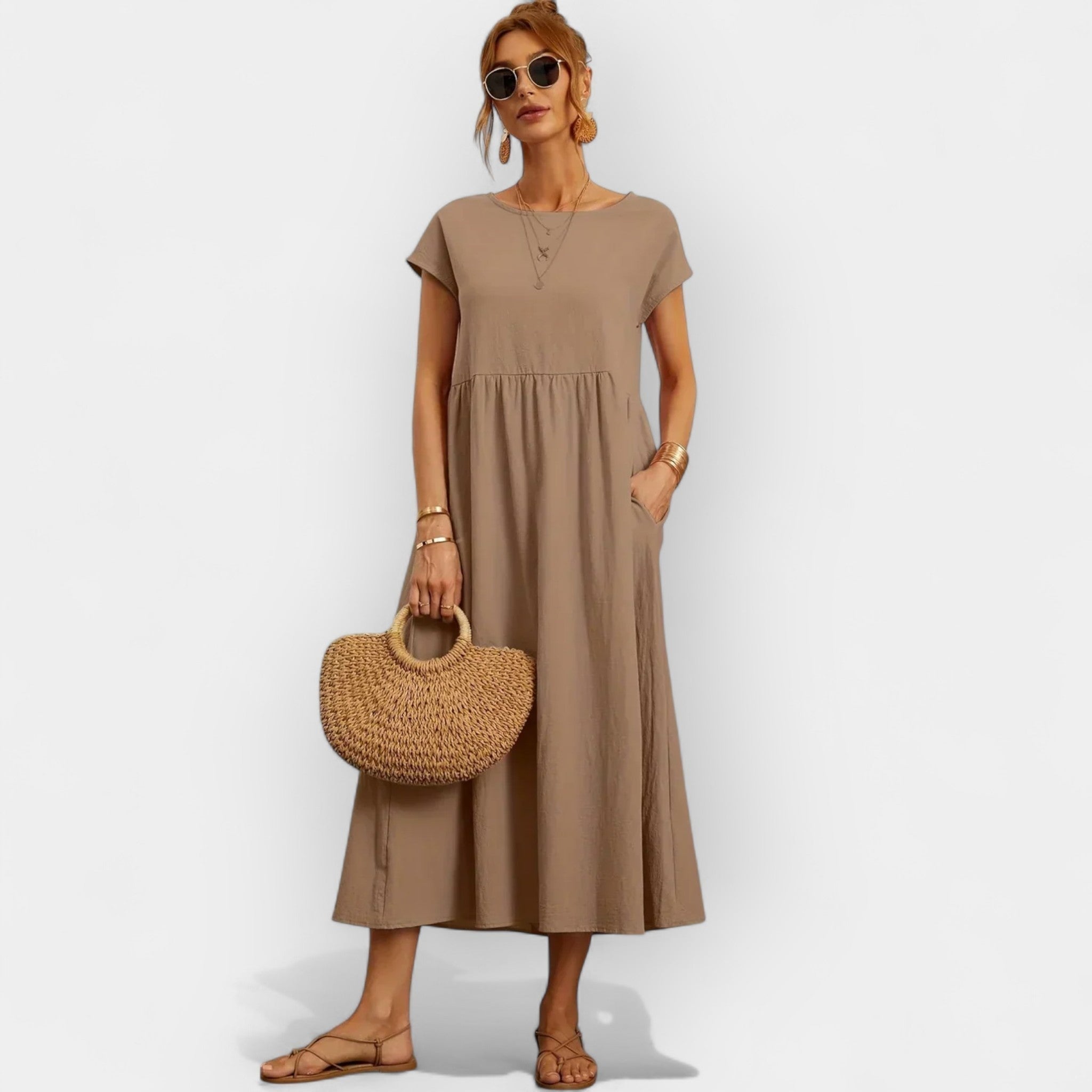 Vestido Midi Casual con Bolsillos Mujer Manga Corta | Dolores