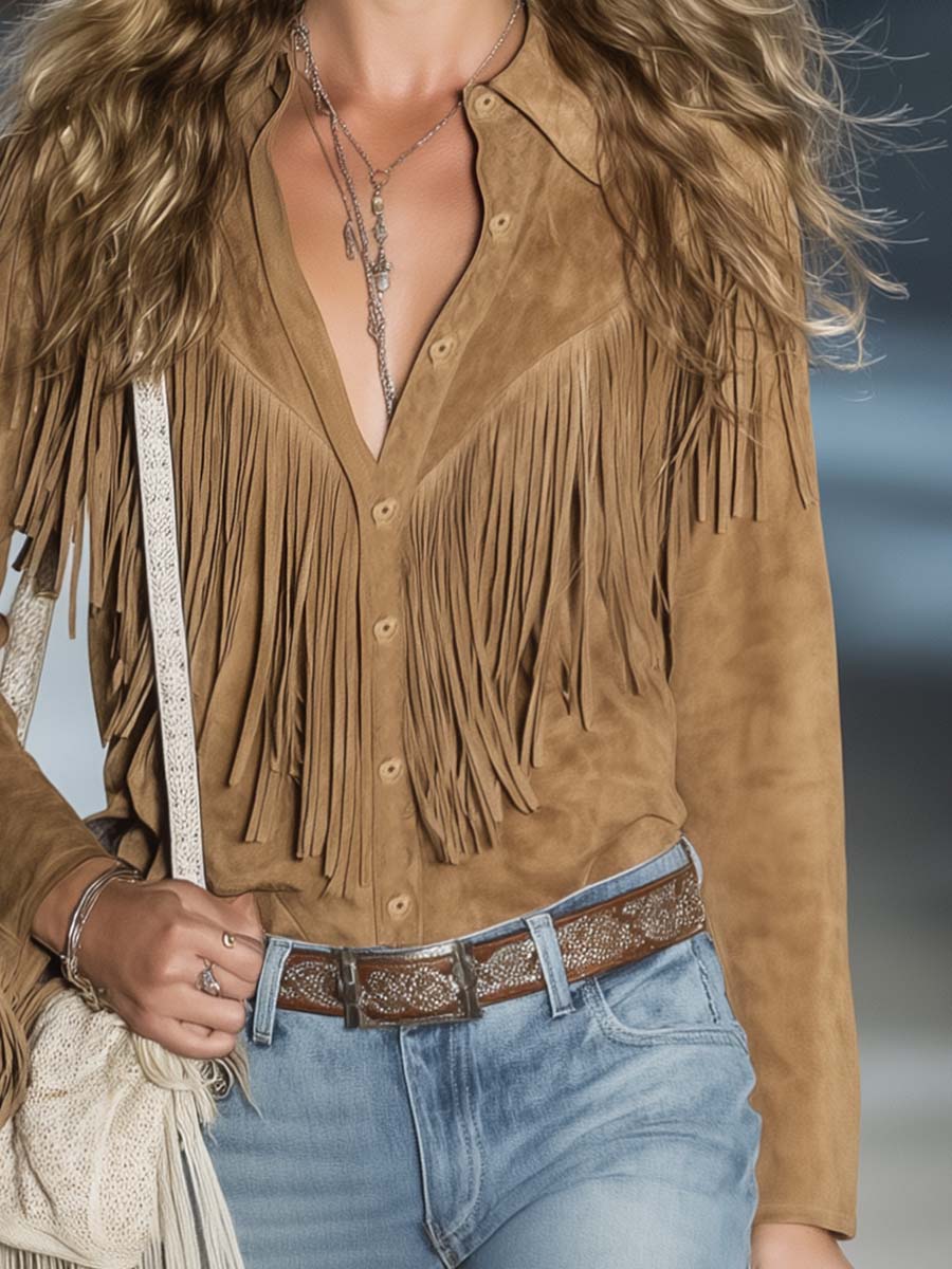 Camisa Western Mujer Ante Sintético con Flecos - Paz