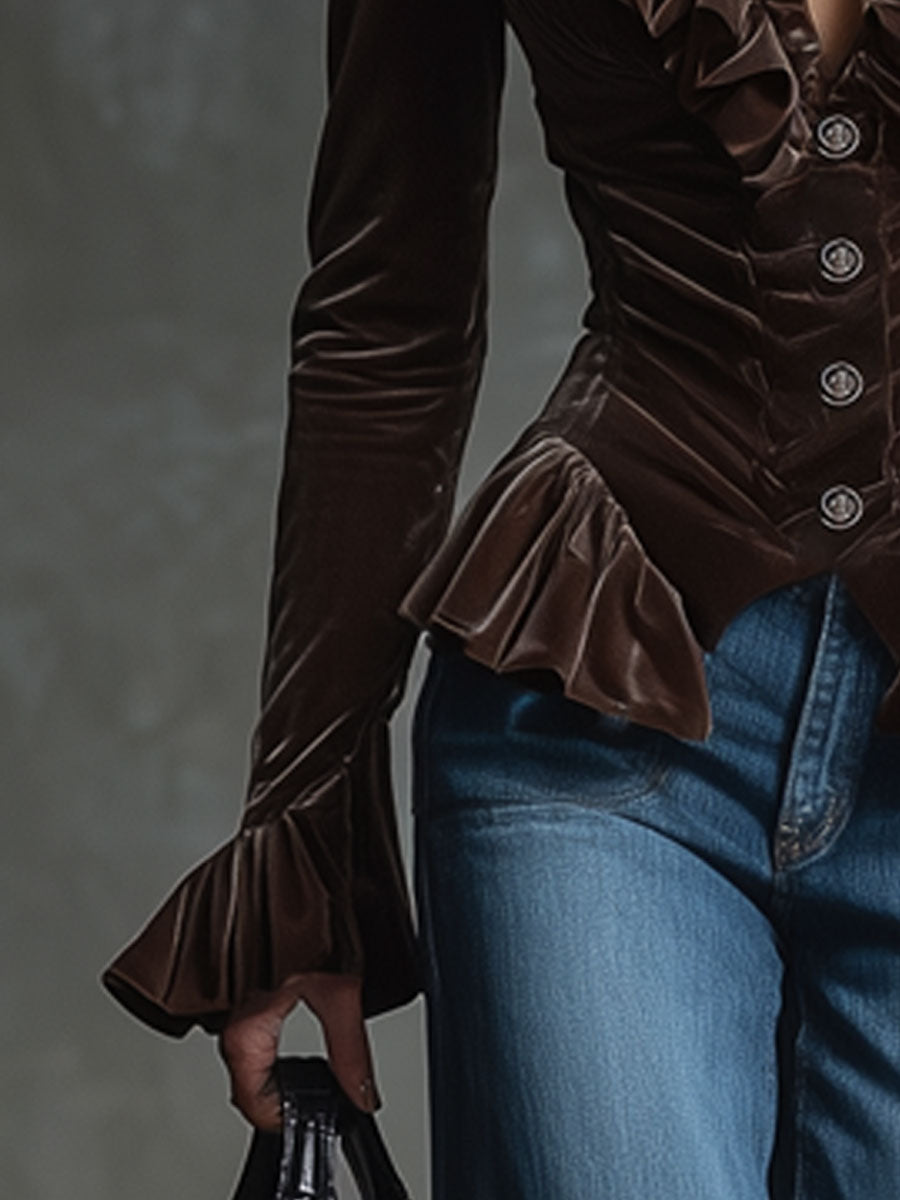 Blusa de Terciopelo Mujer Escote en V con Volantes - Macarena