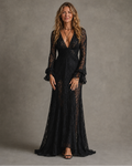 Vestido Largo Encaje Escote V Manga Campana Sirena | Charlotte
