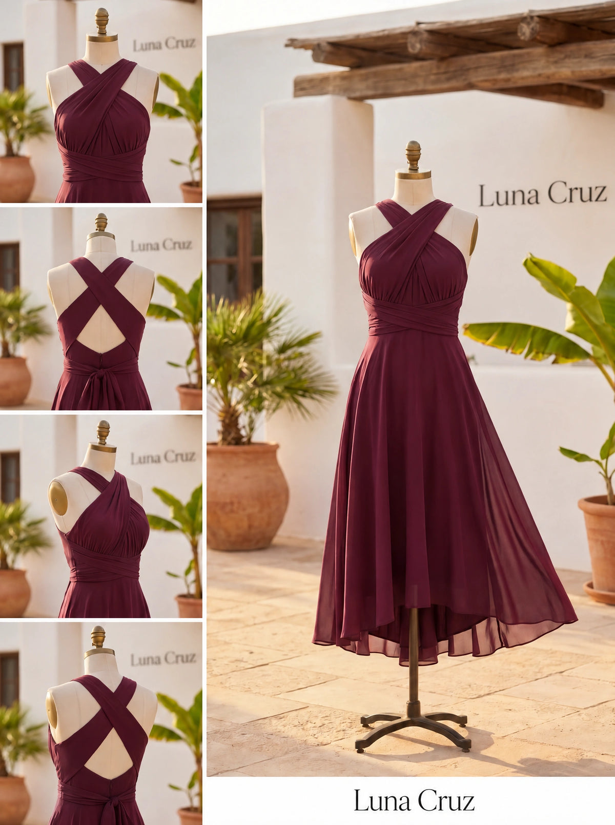 Vestido Midi Multiposición Burdeos para Invitada | Murano