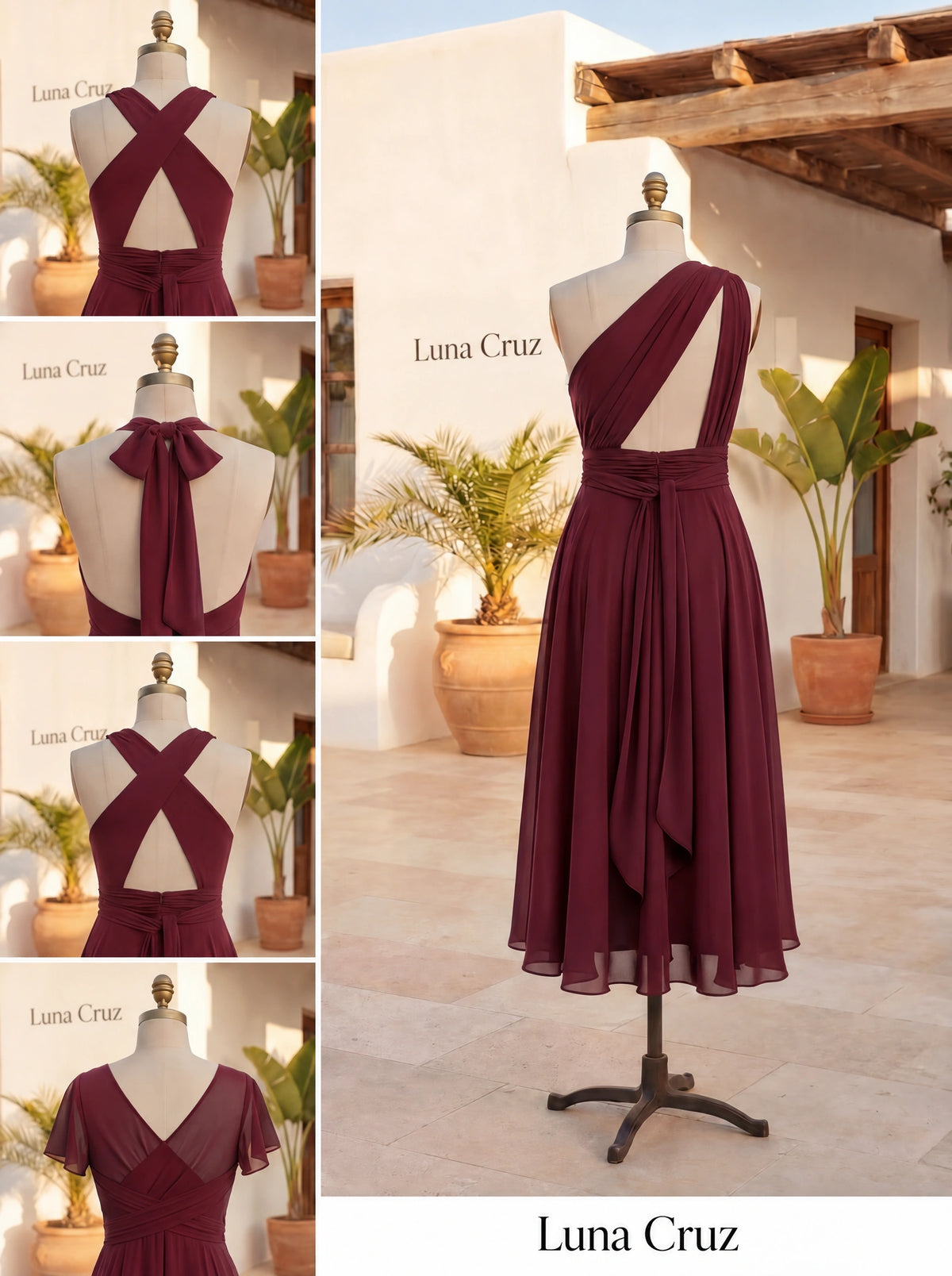 Vestido Midi Multiposición Burdeos para Invitada | Murano