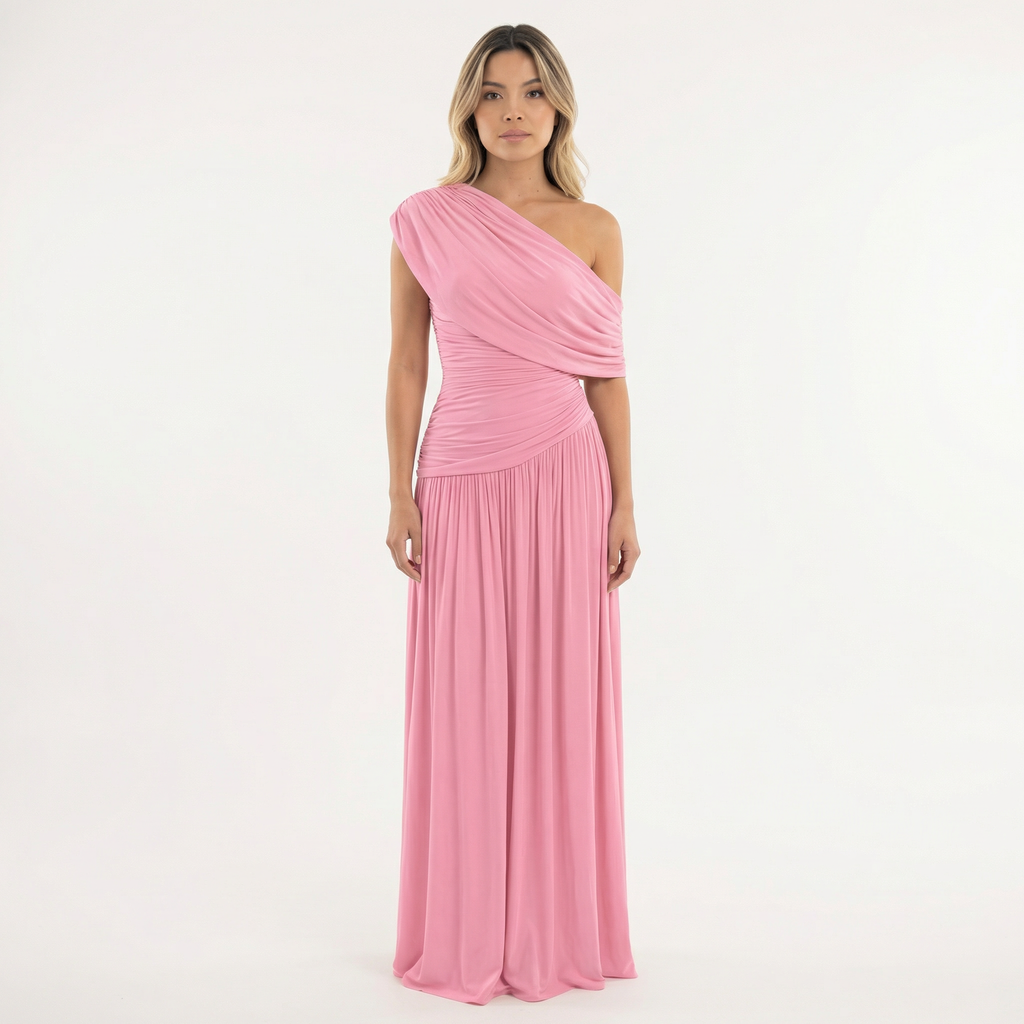 Vestido Largo de Fiesta Asimétrico de un Hombro con Frunces | Sira