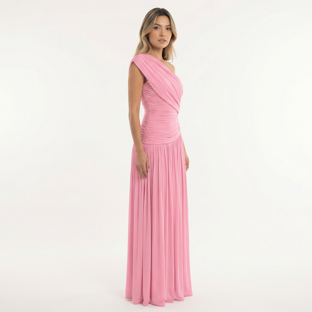 Vestido Largo de Fiesta Asimétrico de un Hombro con Frunces | Sira