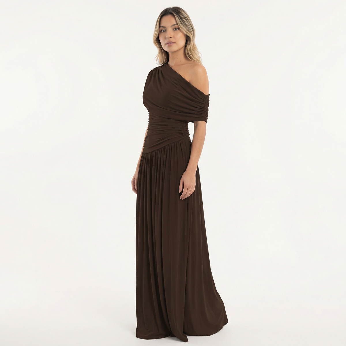 Vestido Largo de Fiesta Asimétrico de un Hombro con Frunces | Sira