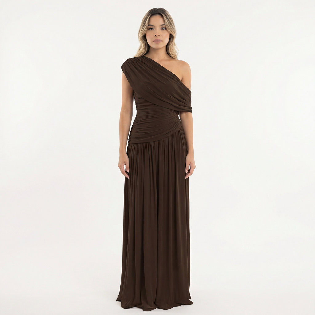 Vestido Largo de Fiesta Asimétrico de un Hombro con Frunces | Sira