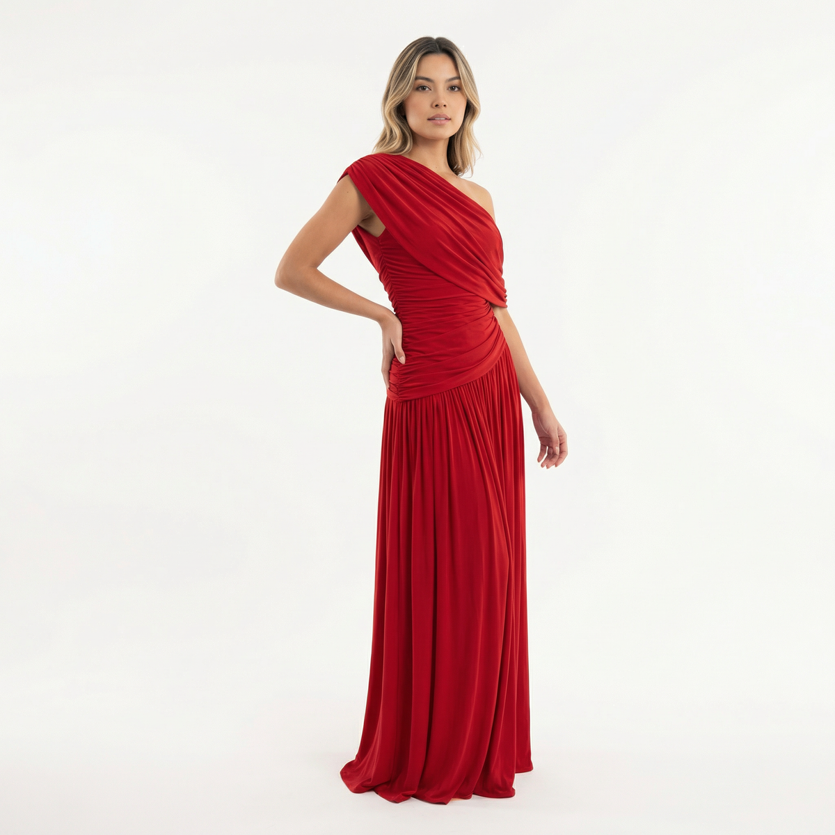 Vestido Largo de Fiesta Asimétrico de un Hombro con Frunces | Sira