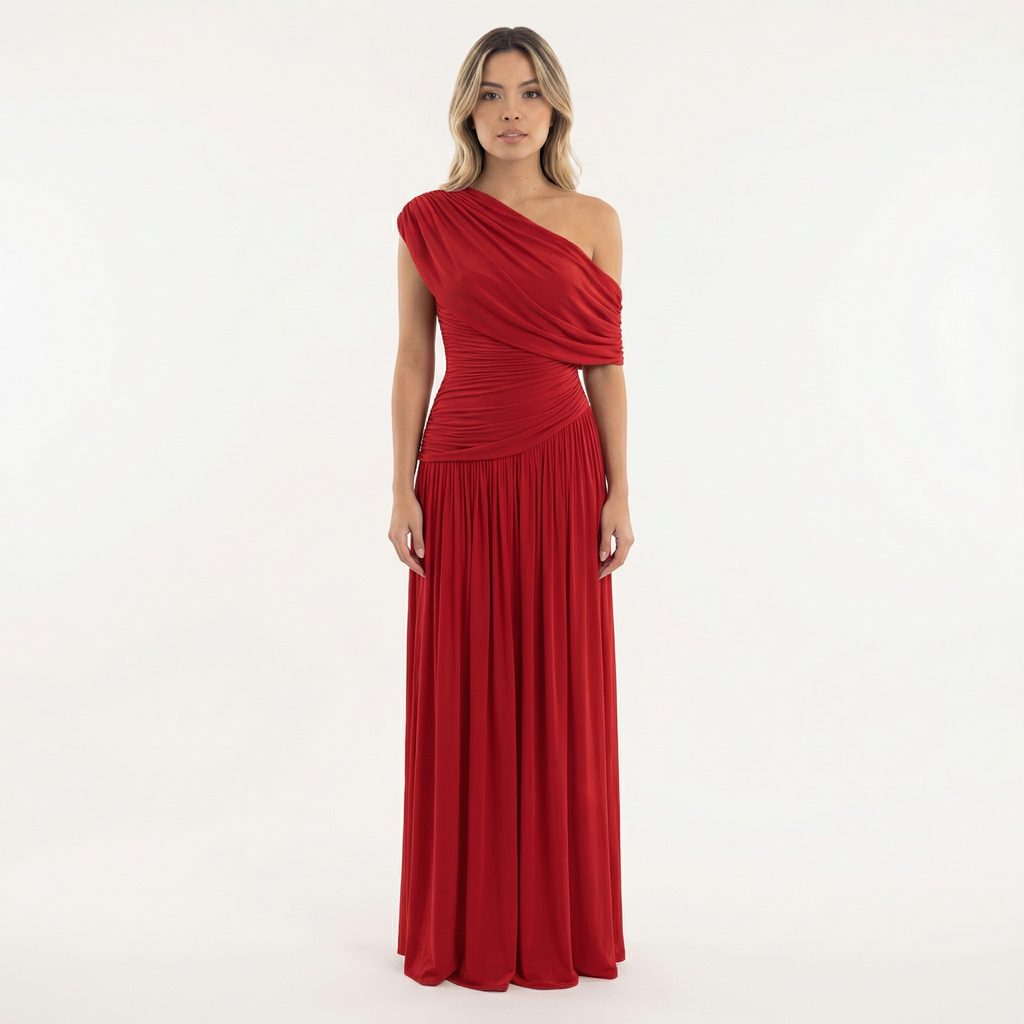 Vestido Largo de Fiesta Asimétrico de un Hombro con Frunces | Sira