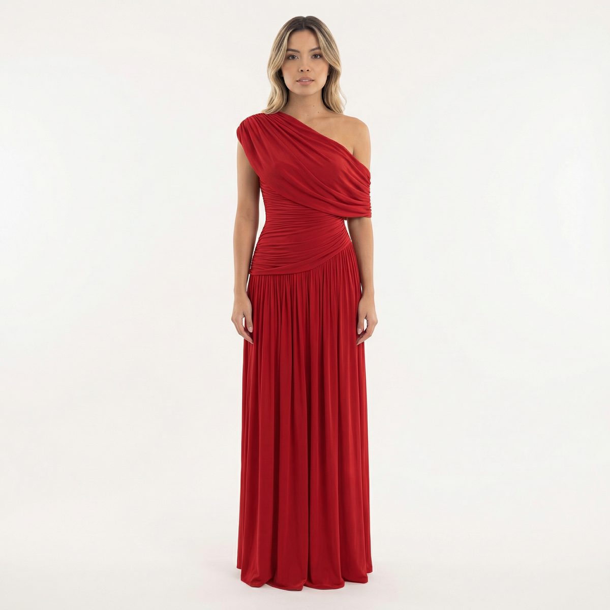 Vestido Largo de Fiesta Asimétrico de un Hombro con Frunces | Sira