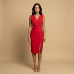 Vestido Midi con Escote en V Drapeado y Fajín | Claudia