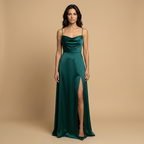 Vestido Largo de Satén con Escote Drapeado y Abertura | Sofía