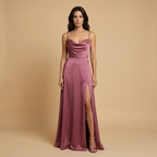 Vestido Largo de Satén con Escote Drapeado y Abertura | Sofía