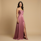 Vestido Largo de Satén con Escote Drapeado y Abertura | Sofía
