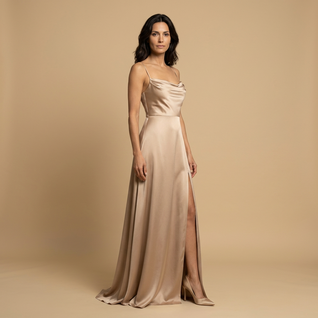 Vestido Largo de Satén con Escote Drapeado y Abertura | Sofía