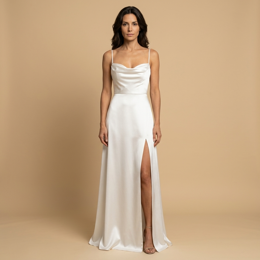 Vestido Largo de Satén con Escote Drapeado y Abertura | Sofía
