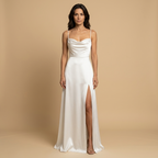 Vestido Largo de Satén con Escote Drapeado y Abertura | Sofía
