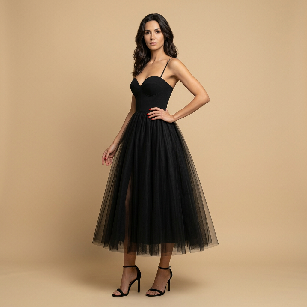 Vestido Midi Bustier con Falda de Tul Bicolor | Alma